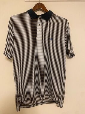Southern Marsh Striped Polo Shirt Mens Large Navy White Performance Duck Logo